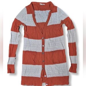 Anthropolgie Women's Orange & Cream Striped Long Sleeve Knitted Button Cardigan